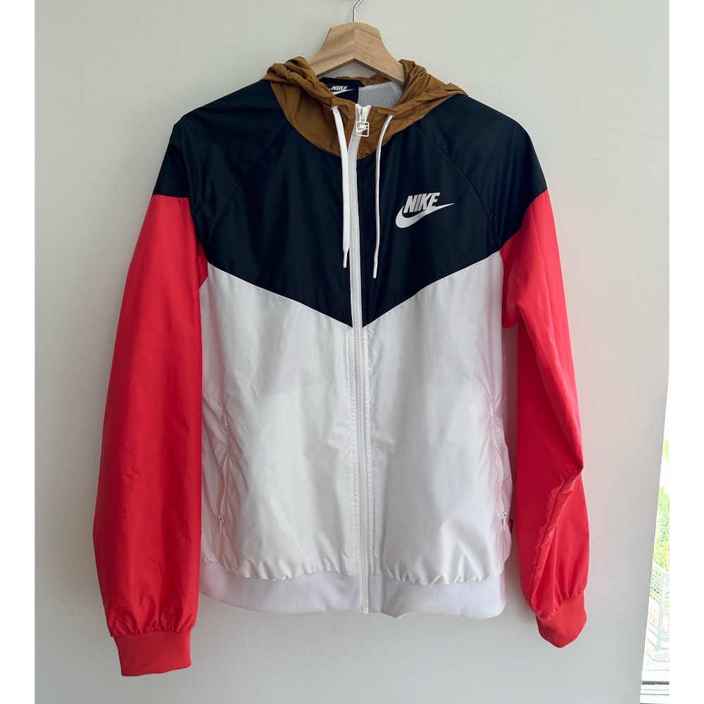 Nike Windrunner hooded windbreaker jacket in white, black, red, and brown